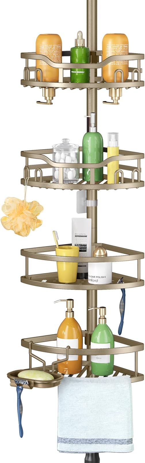 HAMITOR Corner Shower Caddy Tension Pole: Rustproof 4-Tier Bathroom Organizer by HAMITOR
