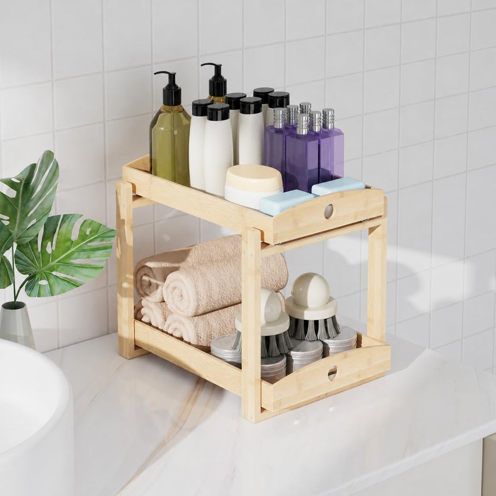 Bamboo Under Sink Organizer 2 Tier Pull Out Cabinet Storage Drawer