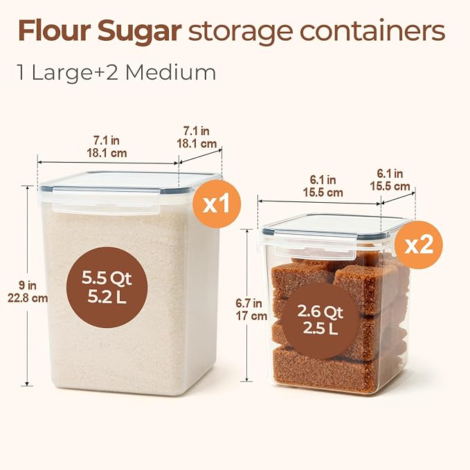 ComSaf Flour Sugar Storage Containers Set of 3, Large Airtight Food Storage - Image 2