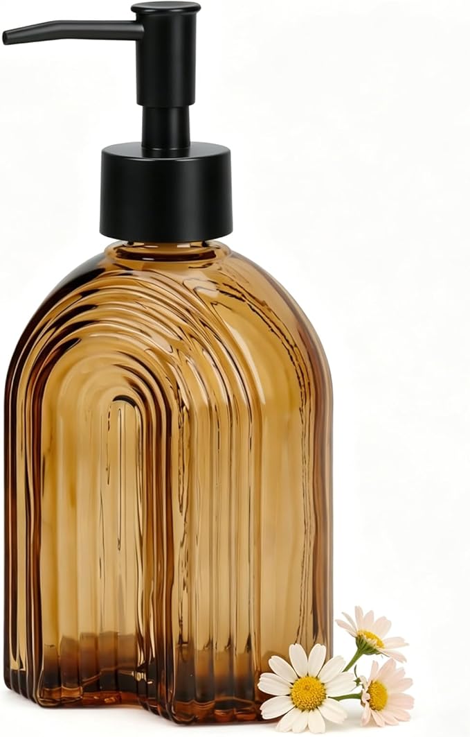 Black Pump Glass Soap Dispenser, 12oz Brown Stripe Countertop Refillable Liquid by YYTSGG
