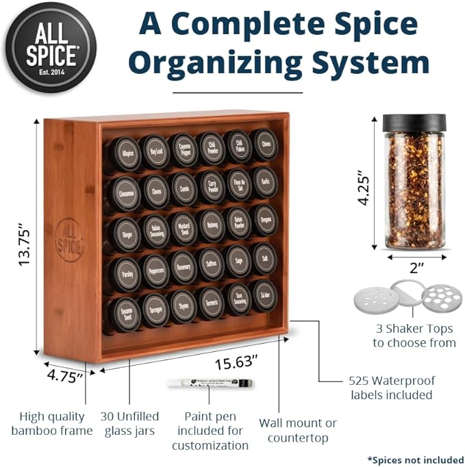 AllSpice Spice Rack Organizer, 525 Unique Labels, Countertop or Wall Mount - Image 3