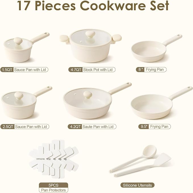 SENSARTE Ceramic Nonstick Pots and Pans Set 17pcs, Healthy Induction Cookware - Image 2