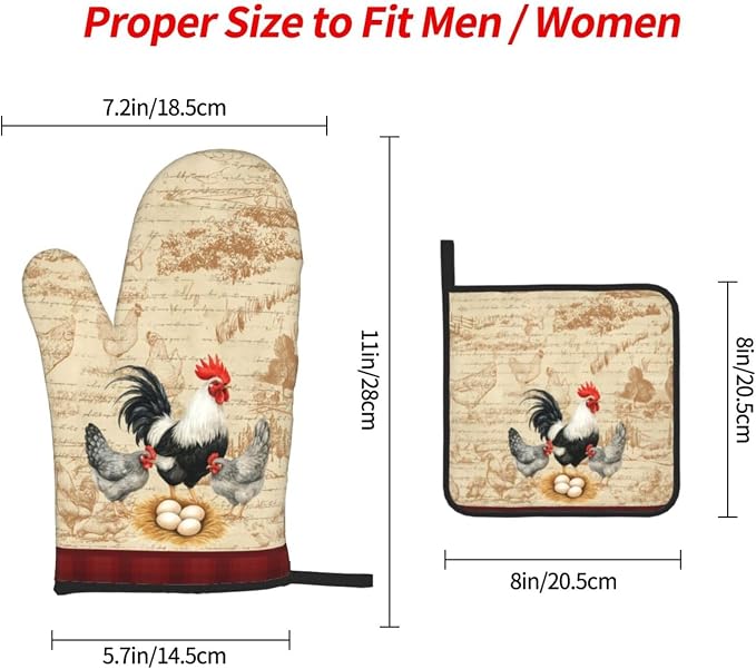 Rooster Chichen Oven Mitts and Pot Holders Sets, Cute Hot Pads Baking Gloves - Image 4