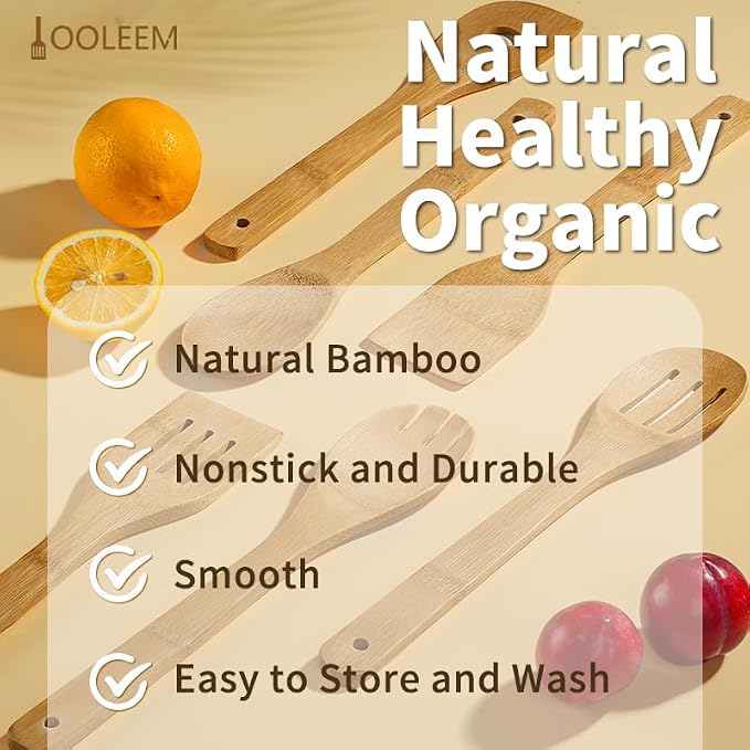 IOOLEEM Bamboo Wooden Spoons for Cooking 6 Pcs 12 Inch, Non-Stick Wooden - Image 7