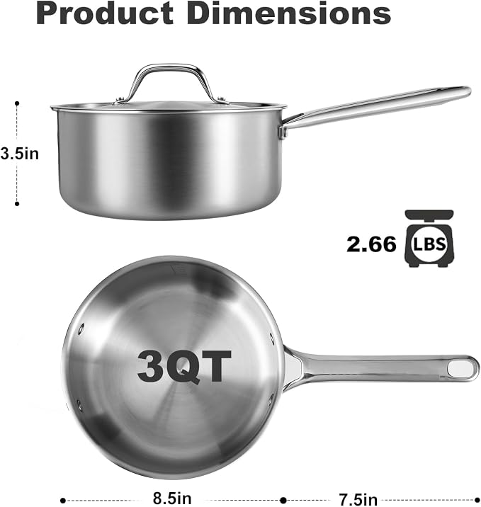 3 QT Saucepan with Lid, 3-Ply Stainless Steel Saucepan, Induction Compatible - Image 5