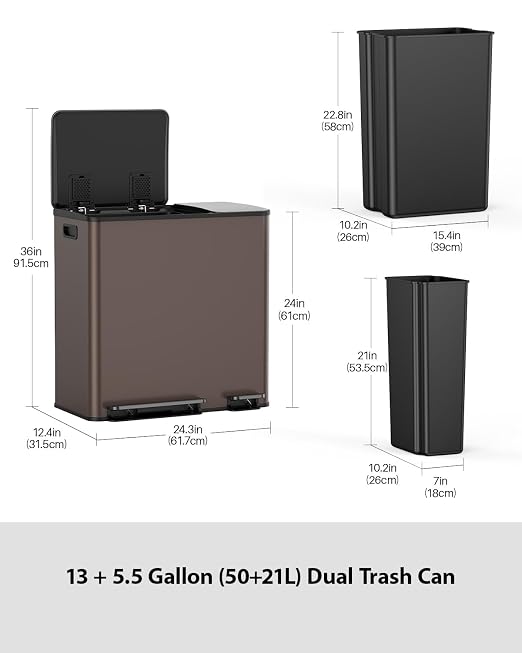 Lovewind Double Trash Can Kitchen, 13+5.5 Gallon Stainless Steel Dual Trash and - Image 7