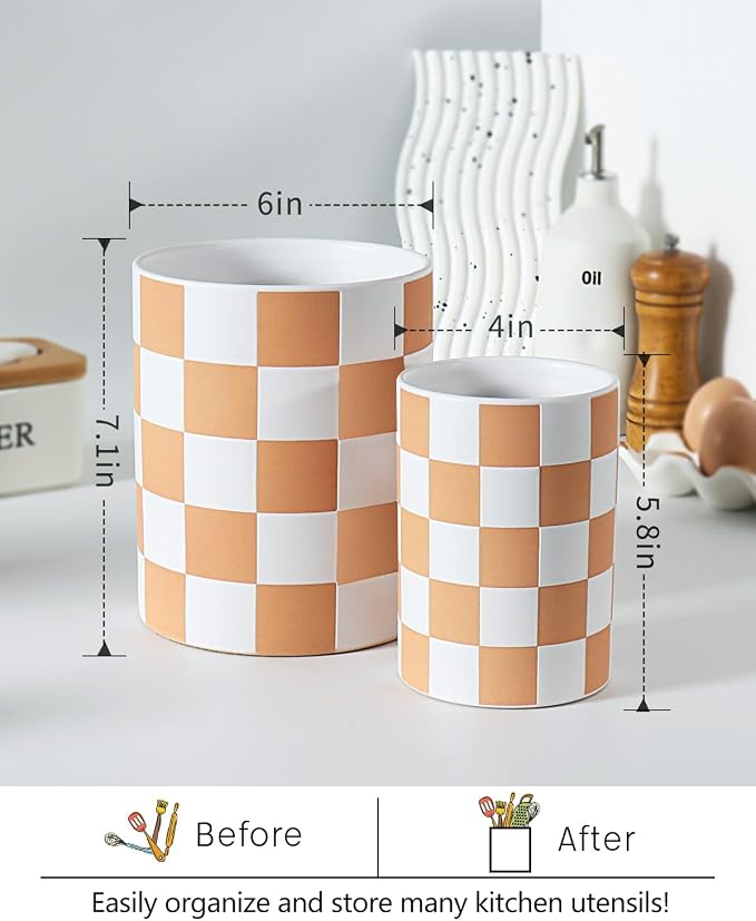 Utensil Holder，7.2 Inch Checkered Utensil Holder, Ceramic Cooking Utensil - Image 2