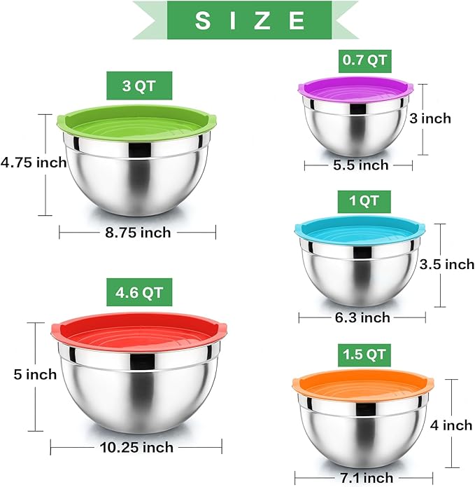 P&P CHEF Mixing Bowls with Airtight Lids Set of 5, 10-Piece Stainless Steel - Image 4