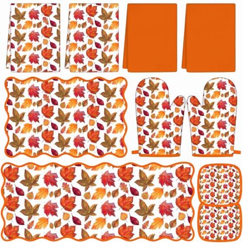 10 Pcs Fall Kitchen Decor Set Maple Leaf Towels Mats Pot Holders Oven