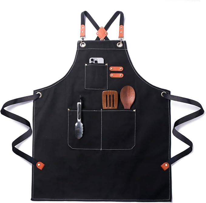 Plus Size Kitchen Apron for Men Women, Cross Back Cotton Canvas Chef Apron by Unknown