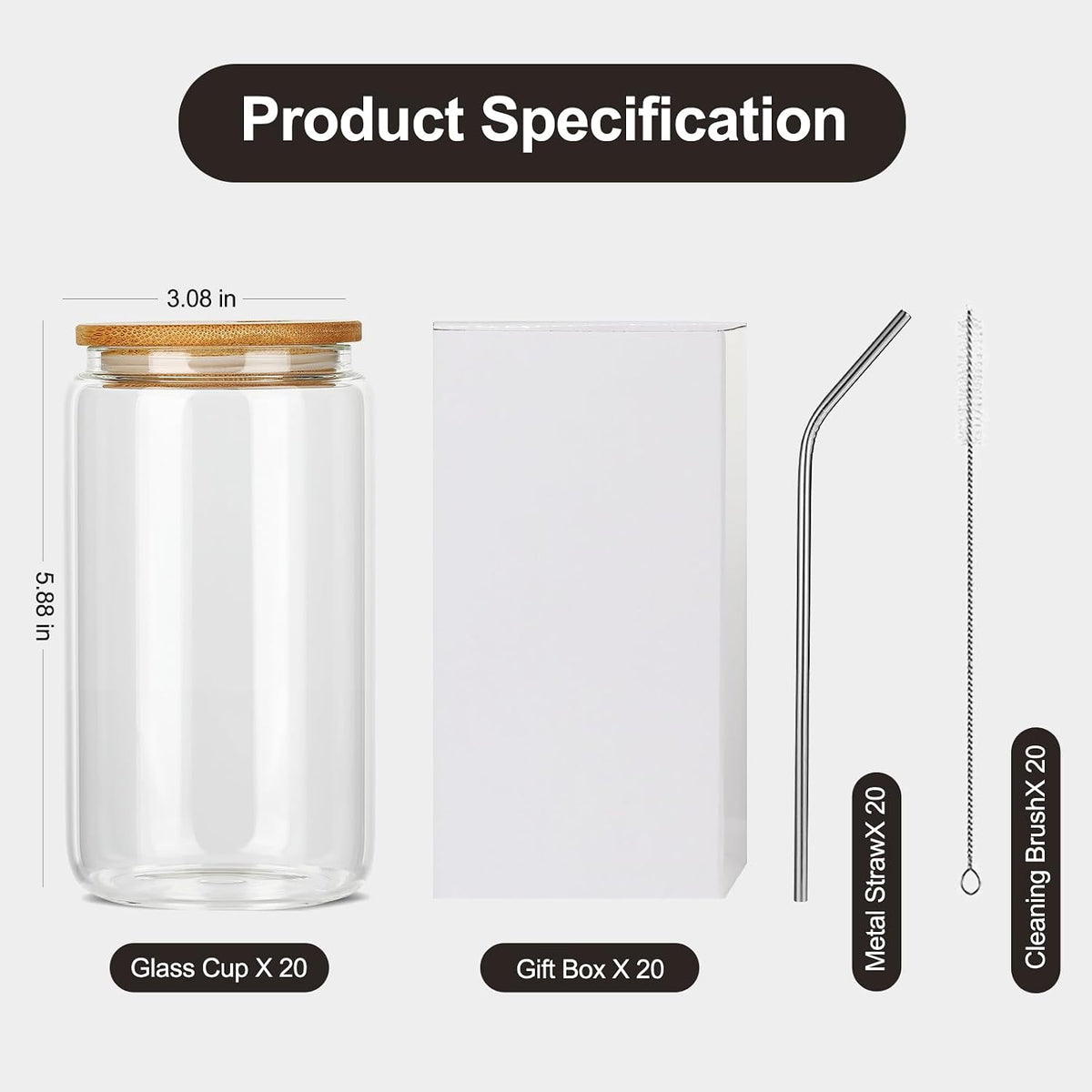 20Pcs Glass Cups With Bamboo Lids and Straws,16Oz Ice Coffee
