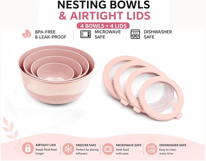 Pera Mixing Bowls with Lids Set, 8 Piece, BPA Free Nesting Kitchen Bowl Set - Image 2
