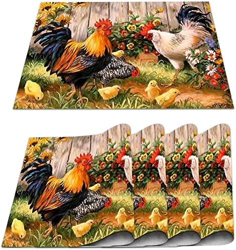 Rooster Hen and Chickens Placemats Set of 4 PVC Roosters Table Mats