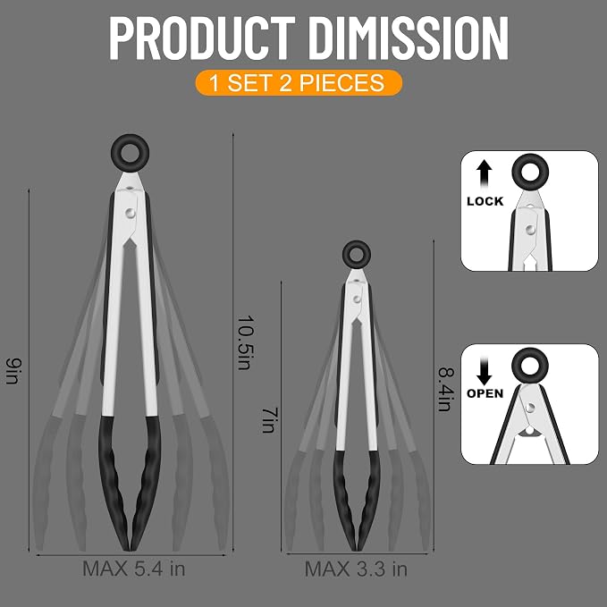 HOTEC Premium 7 & 9 Inch Kitchen Tongs, Stainless Steel Locking Cooking Tongs - Image 8