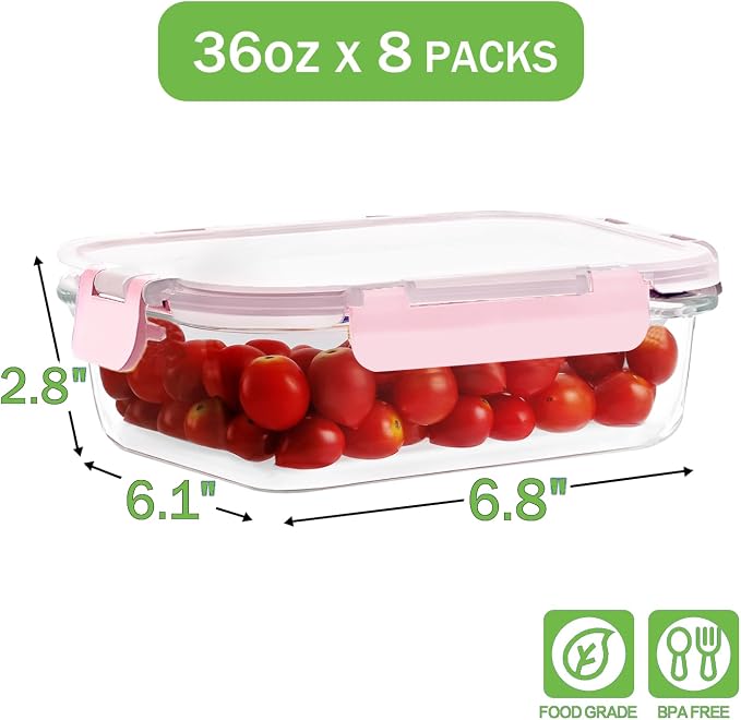 8 Pack 36oz Large Glass Meal Prep Containers - Image 3