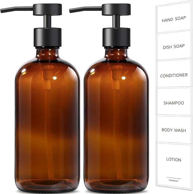 GMISUN Amber Glass Soap Dispenser, 2 Pack Bathroom Hand Soap Dispensers by GMISUN