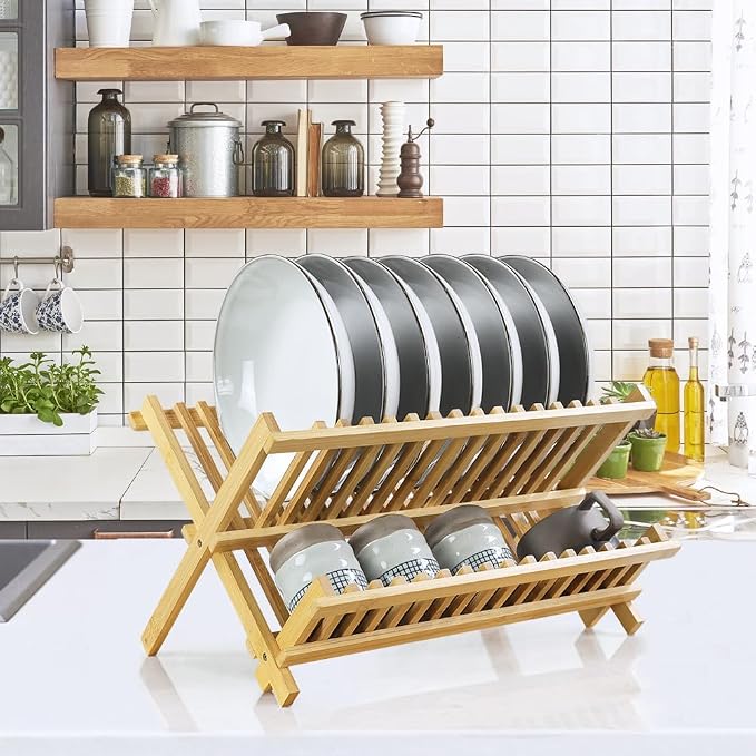 KKTONER Bamboo Dish Drying Rack 2 Tier Foldable Plate Organizer Collapsible - Image 2