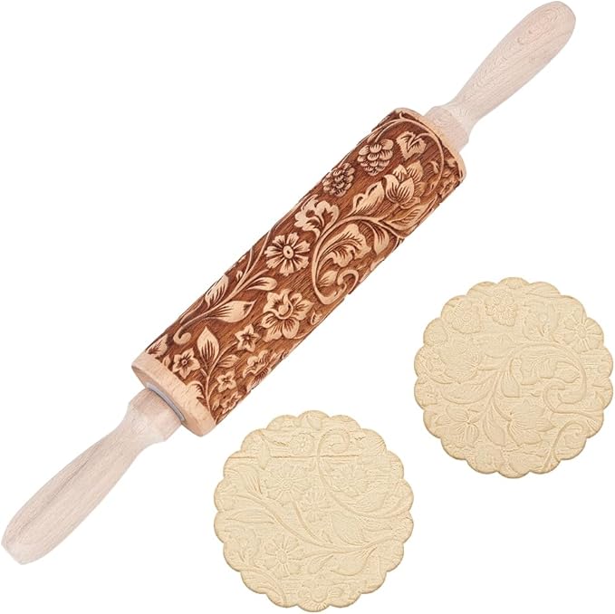 Embossed Wooden Rolling Pin Darker 3D Flower Rattan 35cm Rolling Pin by DELORIGIN