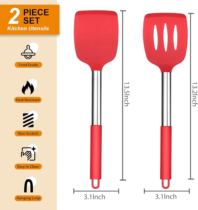 Silicone Spatula Set of 2, E-far Solid & Slotted Turner - Image 2