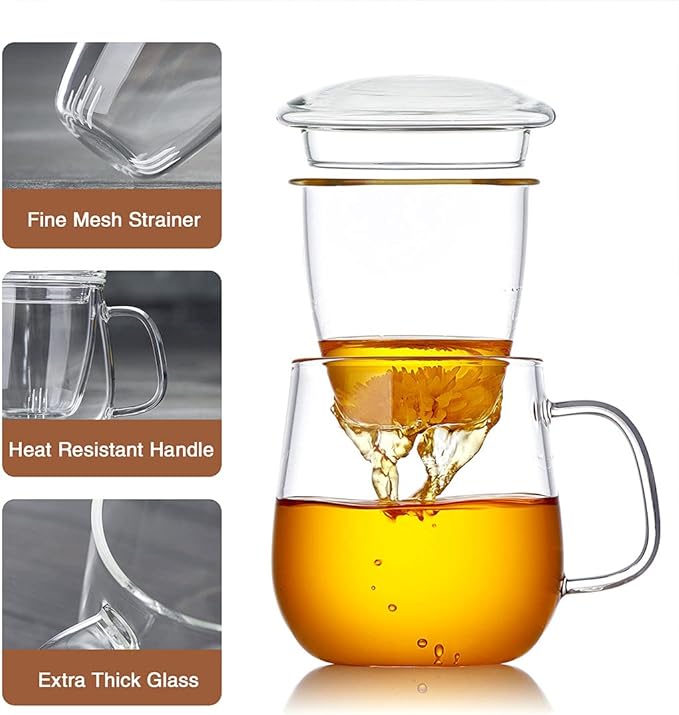 DOPUDO Glass Tea Cup with Infuser and Lid, 17.6oz/520ml Large Borosilicate - Image 3