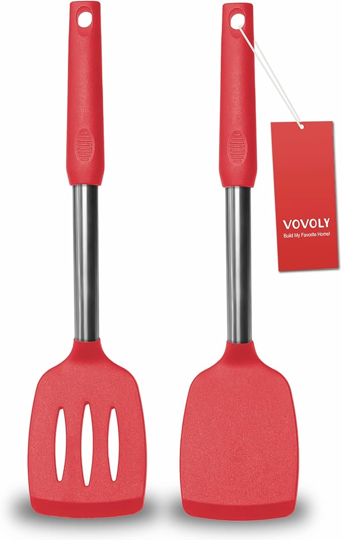 2 Pack Spatulas, Solid & Slotted Silicone Spatula Set, Stainless Steel Handle by VOVOLY
