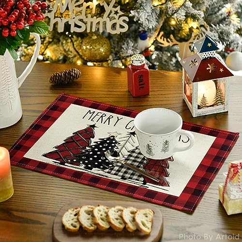 Artoid Mode Red and Black Buffalo Plaid Christmas Trees Placemats Set