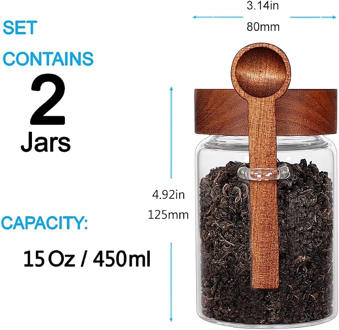 SAIOOL Sugar Jar with Lid and Spoon Set of 2, 16 OZ Tea Canisters - Image 2