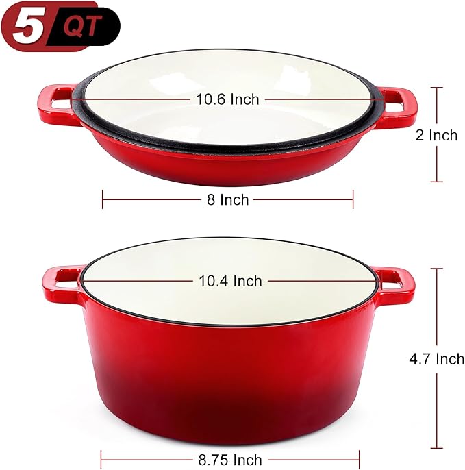 P&P CHEF 5Qt Dutch Oven Pot for Bread Baking, 2 In 1 Round Cast Iron Dutch Oven - Image 2