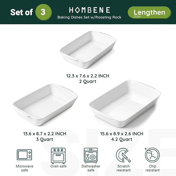 HOMBENE Casserole Dishes for Oven, Ceramic Baking Dishes Set of 3 - Image 2