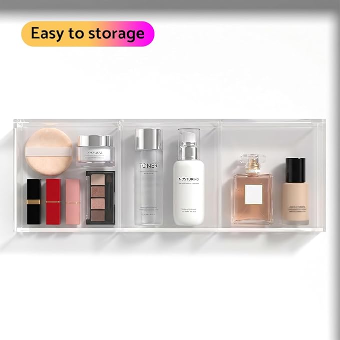 HIIMIEI 3 Section Clear Acrylic Drawer Organizer Tray, Office & Makeup Drawer - Image 2