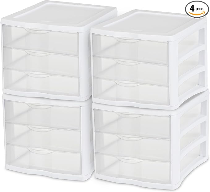 Sterilite 4-Pack 3 Drawer Unit, Stackable Plastic Organizer by Sterilite