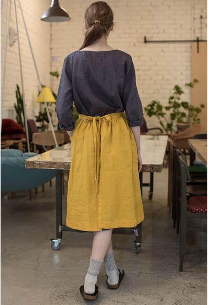 Cotton Linen Half Apron for Women Vintage Waist Apron Ruffle Plain Bright Color - Image 4