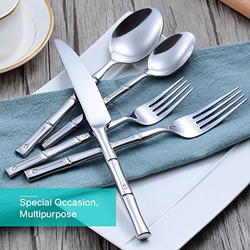 Silverware Set Silver Bamboo Handle Flatware Stainless Steel Heavy