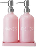 Pink Glass Dish and Hand Soap Dispenser Set by Unknown