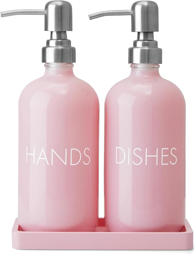 Pink Glass Dish and Hand Soap Dispenser Set by Unknown