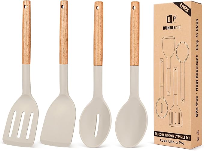 Pack of 4 Silicone Cooking Utensils Set, Non Stick Solid Spatulas and Heat by BUNDLEPRO