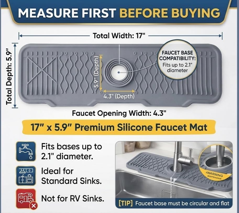 Extra Thick Silicone Faucet Mat for Kitchen & Bathroom Sink 17" x 6"