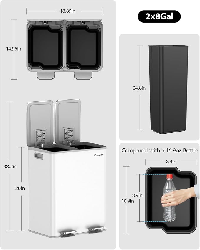 Lovewind Kitchen Trash Can, 2 x 8 Gallon Stainless Steel Trash and Recycle Bin - Image 5