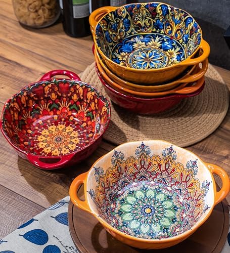 Boho Ceramic Serving Bowls with Handles Set of 2, Ceramic Large