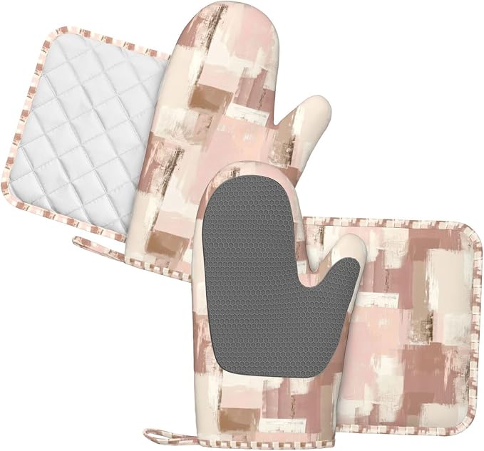 Oven Mitts and Pot Holders Set, Modern Art Dusty Pink Abstract Silicone Kitchen - Image 2