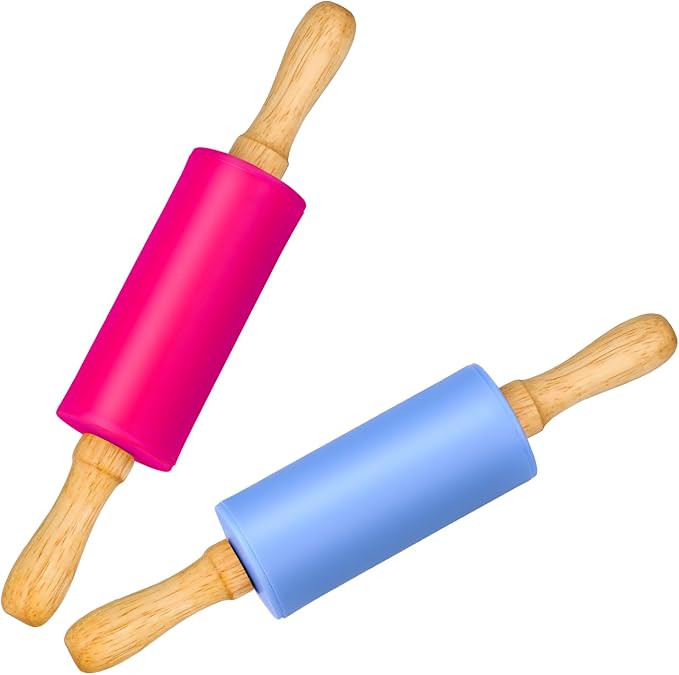 Mini Silicone Rolling Pin for Kids, Non-stick Surface Wood Handle, 9 Inch 2 Pack by Honglida