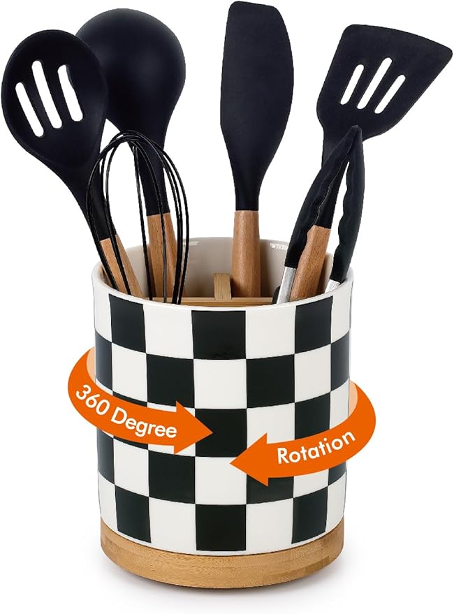 LoeJan 3 Compartment Utensil Holder, Extra Large Utensil Crock, Stable Ceramic by LoeJan