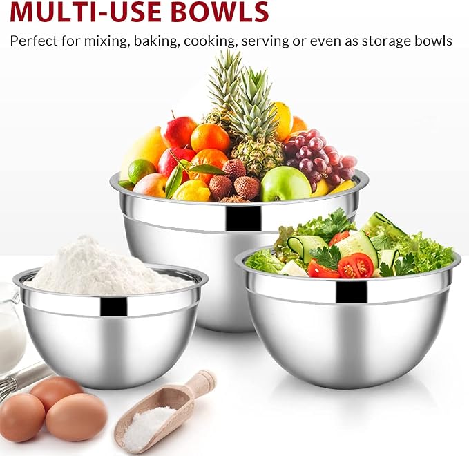 E-far Mixing Bowls with Lids Set of 5, Stainless Steel Black Mixing Bowls Metal - Image 4