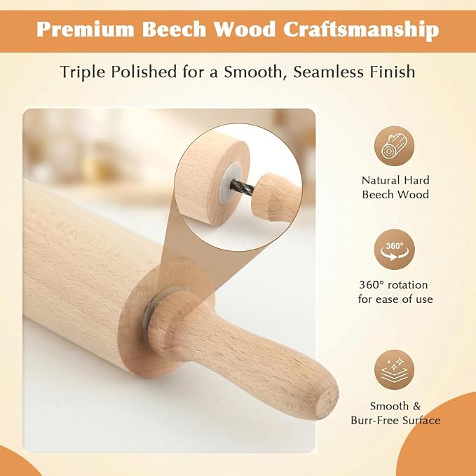 Rolling Pin Set for Baking, 3-Piece Wooden Dough Roller - Image 3