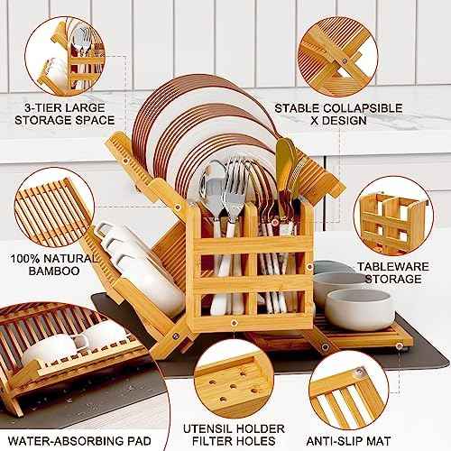 Greenual Bamboo 3-Tier Dish Drying Rack