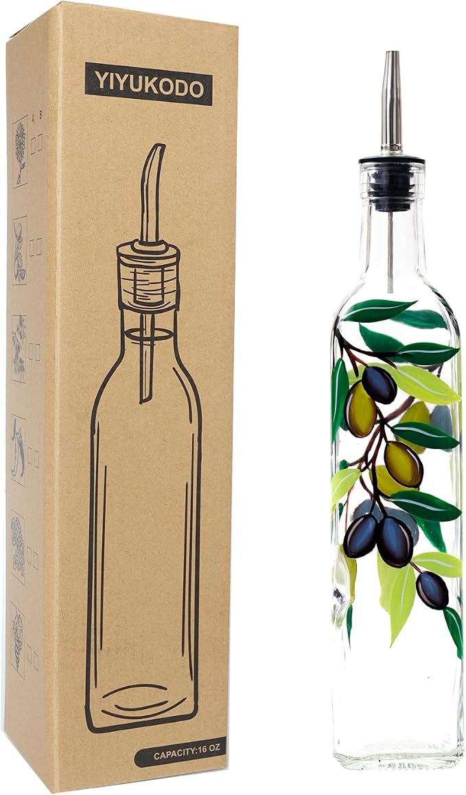 17oz Hand Painted Glass Olive Oil Bottle Dispenser - 500ml Green Oil & Vinegar by YIYUKODO