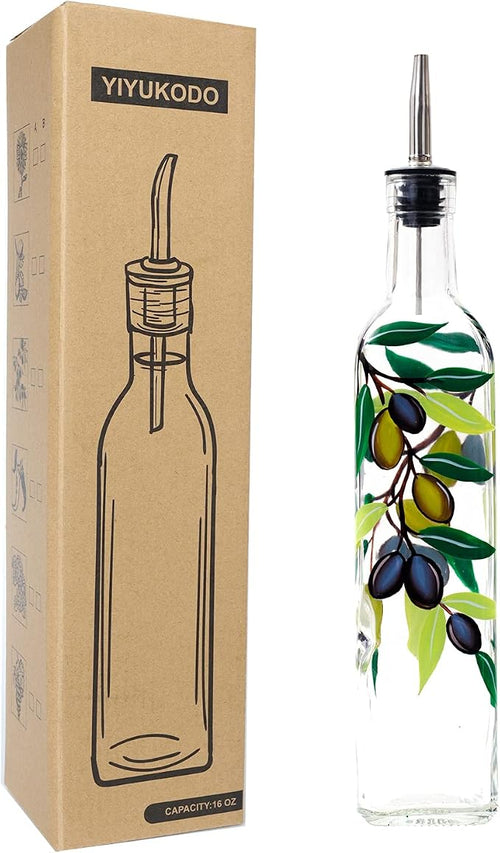 17oz Hand Painted Glass Olive Oil Bottle Dispenser - 500ml Green Oil & Vinegar by YIYUKODO