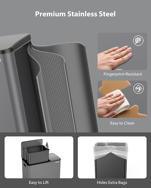Dual Trash and Recycling Bins for Kitchen, 13.2 + 5.2 Gal Stainless Steel Trash - Image 3