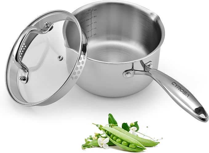 Stainless Steel Saucepan with Tempered Glass Lid, 2.5 Quart Multipurpose by Cyrosa
