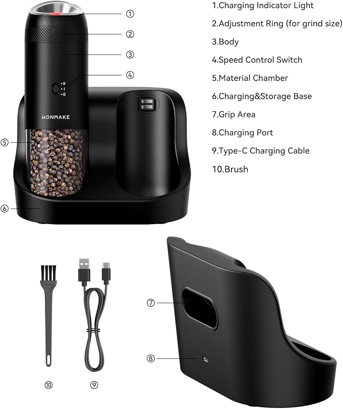 WONMAKE Gravity Electric Salt and Pepper Grinder Set - Image 9